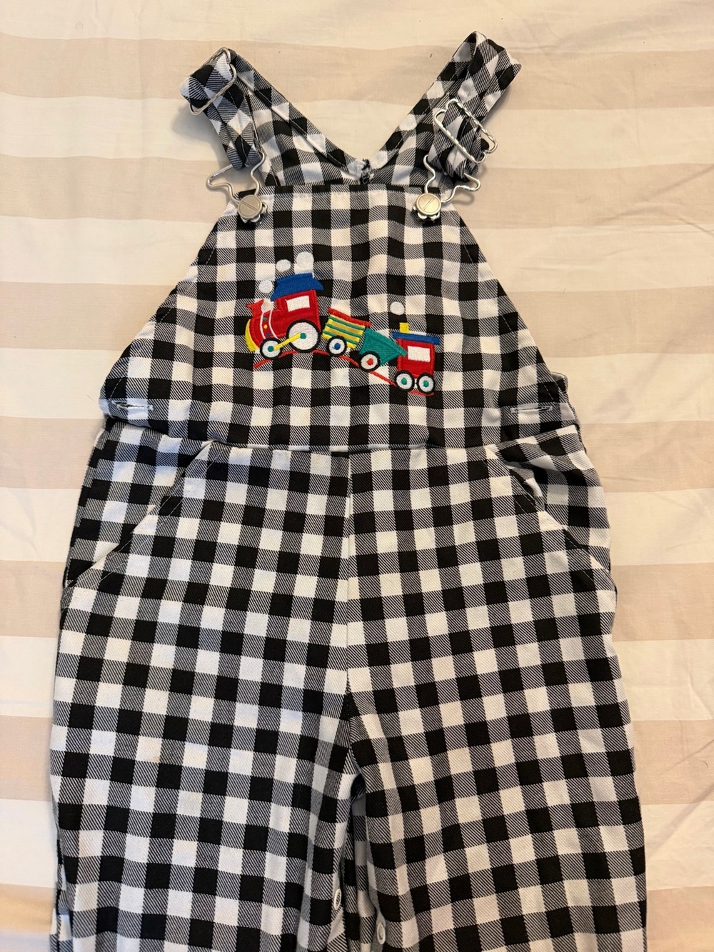 Adorable vintage Kids Black & White gingham Overalls with Train embroidery